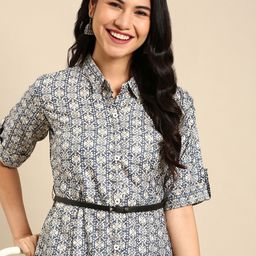 SHOWOFF Ethnic Motifs Printed Belted Detail Kurta-image-18
