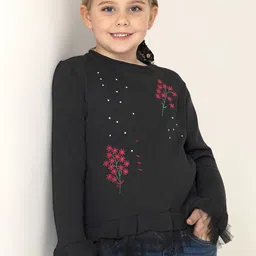 Cherry Crumble Girls Black & Maroon Floral Embroidered Net Detail Pullover-image-23