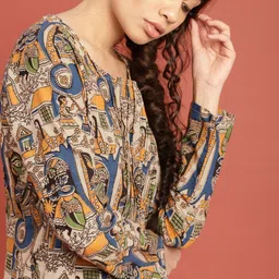 Taavi Beige & Blue Hand Block Print Kalamkari Pure Cotton A-Line Sustainable Ethnic Dress with Pockets-12
