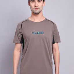 Technosport Men Taupe Typography Antimicrobial Applique Training or Gym T-shirt-image-85