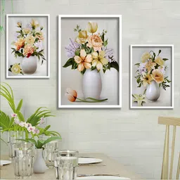 Aura Grey & Pink 3 Piece Wood Floral and Botanical Wall Paintings-22