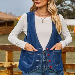 StyleCast Blue V-Neck Denim Waistcoat-image-76