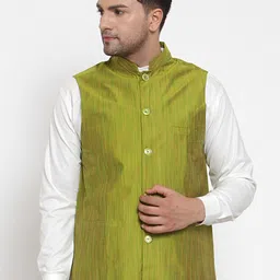 Jompers Men Green Solid Pure Cotton Embellished Nehru Jacket-image-8