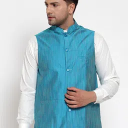 Jompers Men Blue Solid Pure Cotton Embellished Nehru Jacket-36