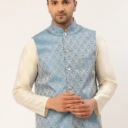 Jompers Men Blue & Silver Toned Woven Design Nehru Jacket-image-51