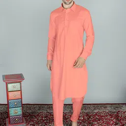 Exotic India Shirt Collar Regular Pure Cotton Pathani Kurta With Pyjamas-image-79