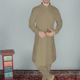 Exotic India Shirt Collar Regular Pure Cotton Pathani Kurta With Pyjamas-image-80
