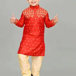 BAESD Boys Floral Embroidered Thread Work Mandarin Collar Dupion Silk Kurta With Churidar-57