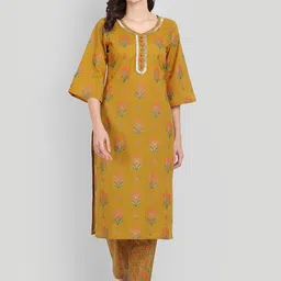 githaan Women Mustard Yellow Ethnic Motifs Embroidered Regular Pure Cotton Kurti with Trousers-picture-58