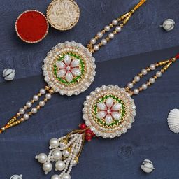 eCraftIndia Unisex Set Of 2 Stone-Studded Floral Bhaiya Bhabhi Rakhi Set-picture-37