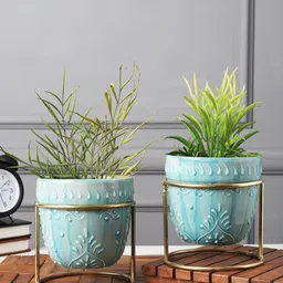 MIAH Decor 2 Pcs Teal Blue & Gold-Toned Embossed Planters With Stand-2