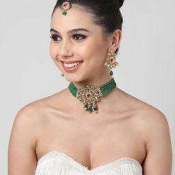 Zaveri Pearls Gold-Plated White & Green Kundan-Studded & Crystal Beaded Jewellery Set-43