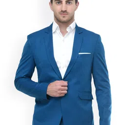 TrulyFeb Blue Solid Single Breasted Slim Fit Pure Cotton Formal Blazer-picture-1