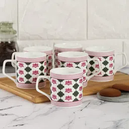 India Circus Set Of 6 White & Pink Floral Printed Ceramic Glossy Mugs-33