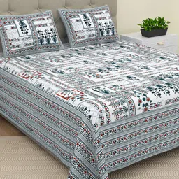 BELLA CASA Ethic White & Blue Printed Cotton 180 TC King Bedsheet with 2 Pillow Covers-picture-27