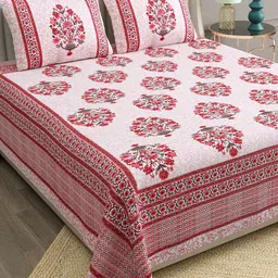 BELLA CASA Ethic Red & White Printed Cotton 180 TC King Bedsheet with 2 Pillow Covers-30