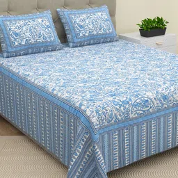 BELLA CASA Ethic Blue & White Printed Cotton 180 TC King Bedsheet with 2 Pillow Covers-picture-16