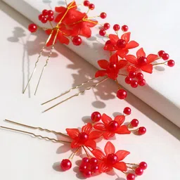 VAGHBHATT Set Of 3 Beads Embellished Floral U Pins-65