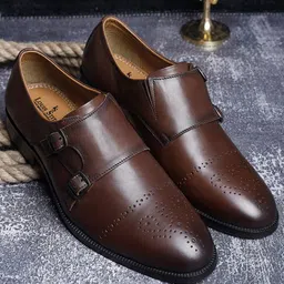 LOUIS STITCH Men Brown Textured Genuine Italian Leather Formal Handmade Monk Shoes-image-77