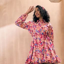 Pink Paprika by SASSAFRAS Shirt Collar Long Puff Sleeves Floral Print Fit & Flare Dress-image-46