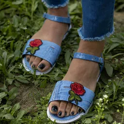 Brauch Women Blue Embellished Open Toe Flats with Buckles-image-2
