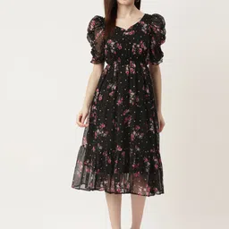 WISSTLER Black & Pink Floral Puff Sleeves Georgette Midi Dress-image-22