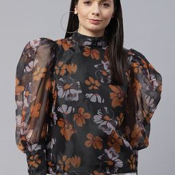 plusS Black & Brown Floral Print Mandarin Collar Top-image-44
