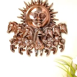 apka mart Bronze Surya Bahgwan with 7 Running Horses Metal Wall Hanging Decor-image-2