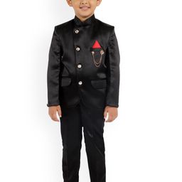 FOURFOLDS Boys Black Solid Bandhgala Suit-image-88