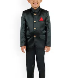 FOURFOLDS Boys Green Solid Bandhgala Suits-14