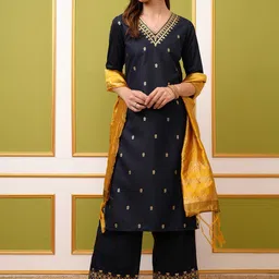 Vishudh Navy Blue Ethnic Motifs Printed Regular Kurta With Palazzos & Dupatta-28