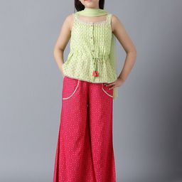 AURELIA Girls Green Printed Pleated Kurti with Palazzos & Dupatta-image-19