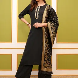 Vishudh Black Round Neck Floral Regular Straight Kurta with Palazzos & With Dupatta-image-71