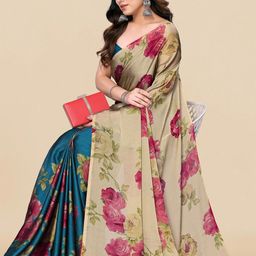 KALINI Beige & Turquoise Blue Floral Printed Chiffon Half and Half Saree-image-3