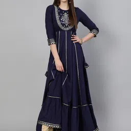 KIMAYRA Women Navy Blue Ethnic Motifs Yoke Design Gotta Patti Cotton Anarkali Kurta-picture-38