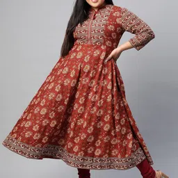 KALINI Plus Size Floral Printed Mandarin Collar Cotton Anarkali Kurta-picture-13