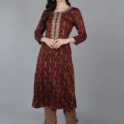 KALINI Geometric Printed Round Neck Thread Work Straight Kurta-image-51