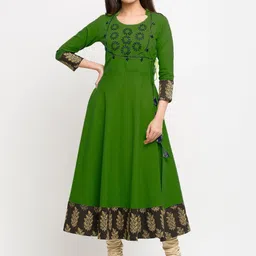 KALINI Round Neck Embellished Sequins Work Cotton Slub Anarkali Kurta-image-5