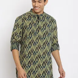 Fabindia Men Olive Green Geometric Printed Thread Work Anarkali Kurta-picture-15