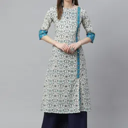 KALINI Ethnic Motifs Printed Round Neck Cotton Angrakha A-Line Kurta-picture-23