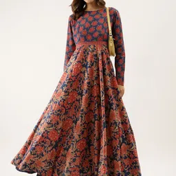 Divena Floral Printed Pure Cotton Fit and Flare Maxi Ethnic Dress-image-96