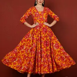 Sa Rasa Floral Printed Notch Neck Fit and Flare Cotton Ethnic Dress-27