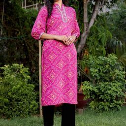 VASVI Bandhani Printed Puff Sleeves Mandarin Collar Straight Kurta-image-91