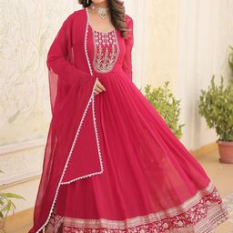 BAESD Floral Embroidered Round Neck Anarkali Georgette Gown With Dupatta-image-11