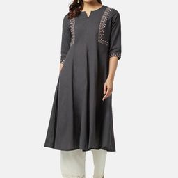 RANGMANCH BY PANTALOONS Floral Embroidered Anarkali Notch Neck Kurta-image-16