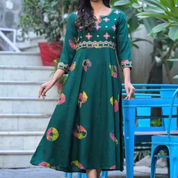 Ramas Printed Notched Neck Embroidered Midi A-Line Ethnic Dress-picture-19