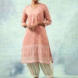 W Coral Ethnic Motifs Woven Design V-Neck Regular Kurta-picture-9