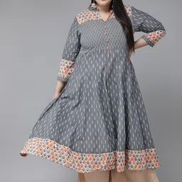 KALINI Plus Size Ethnic Motifs Ikat Printed Mandarin Collar Anarkali Kurta-picture-1