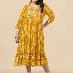 KALINI Plus Size Foil Printed Pure Cotton A-Line Kurta-image-17