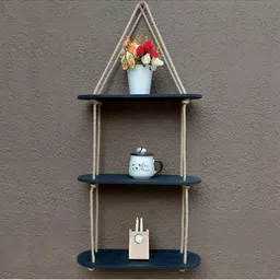 VAH Kya Bat Hai !! Black & White Wooden & Rope 3 Layer Hanging Wall Shelves-0